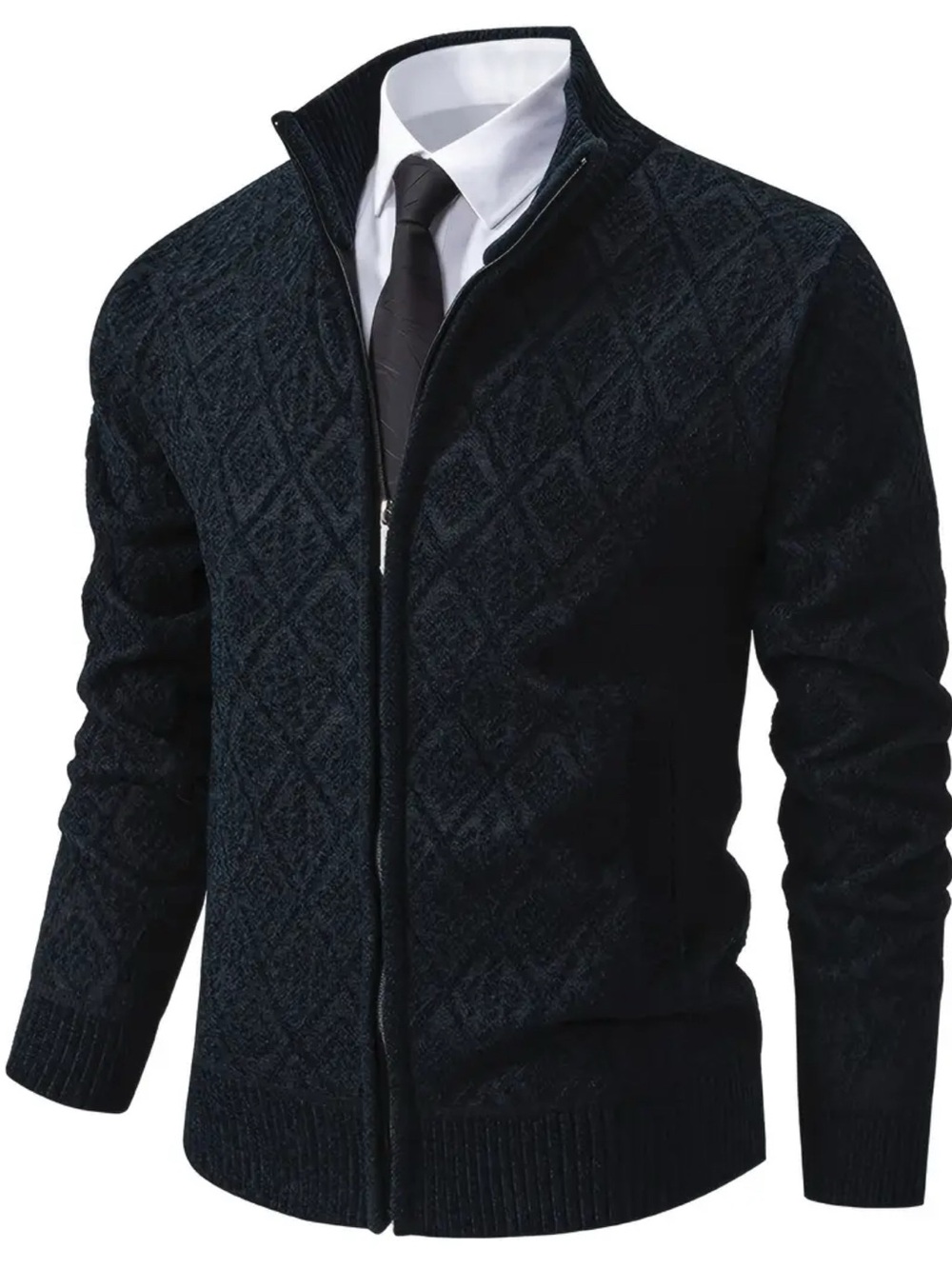 Men's Navy Full-Zip Diamond Knit Sweater Jacket